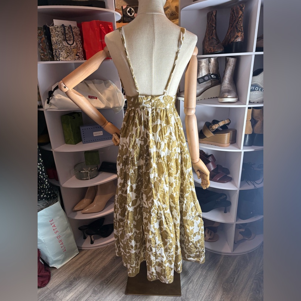 Aakaa knot tie front plunging v neck tiered maxi dress floral olive white S nwt - Picture 7 of 7